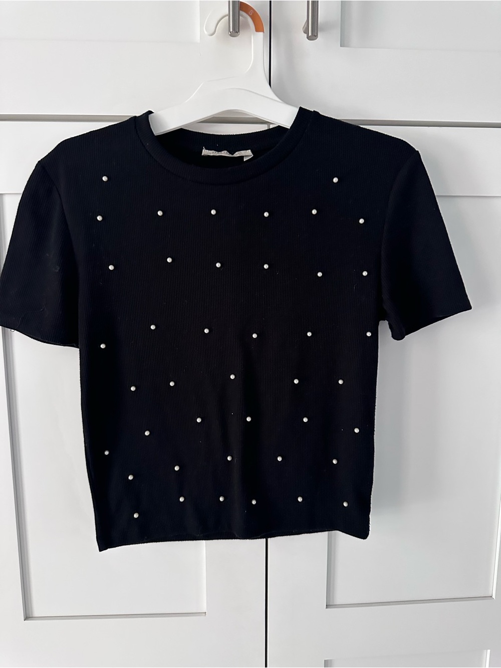 Zara Black Short-Sleeve Pearl-Stud Knit Top